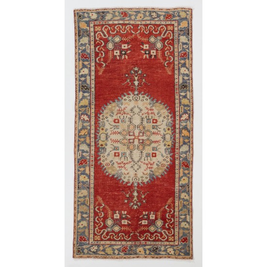 Mid-Century Turkish Handmade Wool Accent Rug for Country Home, Rustic Decor. 3 x 6.4 Ft (90 x 193 cm)