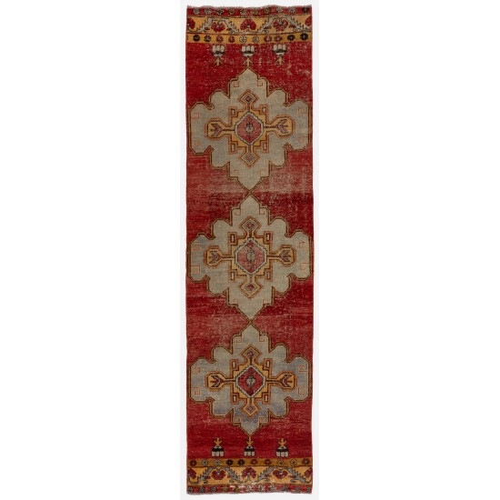 One-of-a-Kind Mid-Century Handmade Turkish Runner Rug for Hallway Decor. 3 x 11.4 Ft (90 x 347 cm)