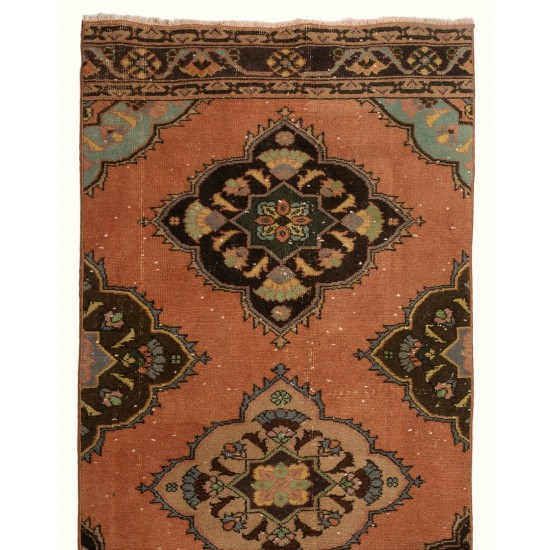 Mid-Century Handmade Turkish Runner Rug for Hallway Decor, Tribal Stlye Corridor Carpet. 3 x 12.4 Ft (91 x 375 cm)
