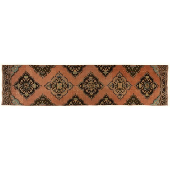 Mid-Century Handmade Turkish Runner Rug for Hallway Decor, Tribal Stlye Corridor Carpet. 3 x 12.4 Ft (91 x 375 cm)