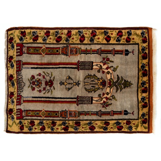 Handmade Vintage Anatolian Prayer Rug depicting a Chandelier, Couple of Columns and Flowers. 3 x 4.3 Ft (92 x 129 cm)
