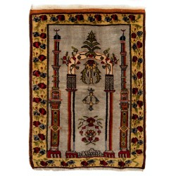 Handmade Vintage Anatolian Prayer Rug depicting a Chandelier, Couple of Columns and Flowers. 3 x 4.3 Ft (92 x 129 cm)