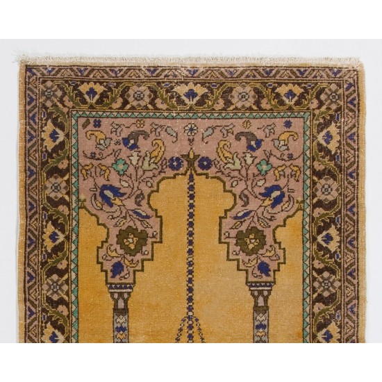 Handmade Vintage Anatolian Prayer Rug depicting a Chandelier, Couple of Columns and Flowers. 3.3 x 5.4 Ft (99 x 163 cm)