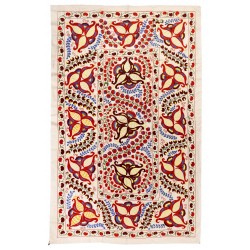 New Silk and Cotton Suzani Wall Hanging. Traditional Hand Embroidered Uzbek Bedspread. 4.6 x 7.2 Ft (140 x 217 cm)