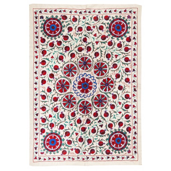 New Silk and Cotton Suzani Wall Hanging. Traditional Hand Embroidered Uzbek Bedspread. 4.7 x 6.6 Ft (141 x 200 cm)