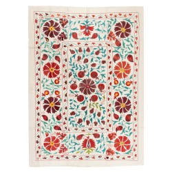New Silk and Cotton Suzani Wall Hanging. Traditional Hand Embroidered Uzbek Bedspread. 4.7 x 6.5 Ft (143 x 197 cm)