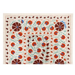 New Silk and Cotton Suzani Wall Hanging. Traditional Hand Embroidered Uzbek Bedspread. 4.8 x 6.8 Ft (145 x 206 cm)
