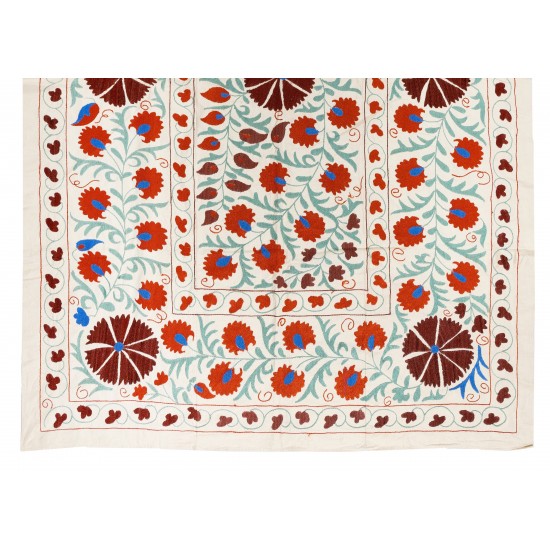 New Silk and Cotton Suzani Wall Hanging. Traditional Hand Embroidered Uzbek Bedspread. 4.8 x 6.8 Ft (145 x 206 cm)