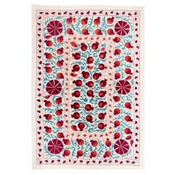 New Silk and Cotton Suzani Wall Hanging. Traditional Hand Embroidered Uzbek Bedspread. 4.8 x 6.8 Ft (145 x 207 cm)