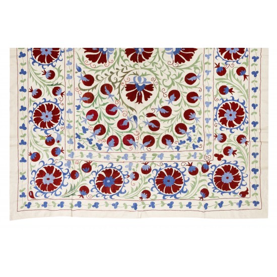 Silk Hand Embroidered Bed Cover, New Suzani Wall Hanging from Uzbekistan. 6.3 x 8 Ft (190 x 243 cm)