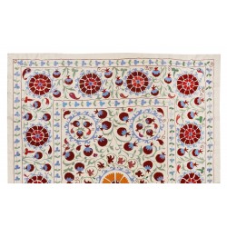 Decorative Silk Hand Embroidered Bed Cover, New Suzani Wall Hanging from Uzbekistan. 6.5 x 7.8 Ft (196 x 236 cm)