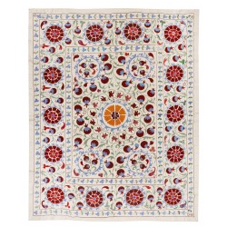 Decorative Silk Hand Embroidered Bed Cover, New Suzani Wall Hanging from Uzbekistan. 6.5 x 7.8 Ft (196 x 236 cm)