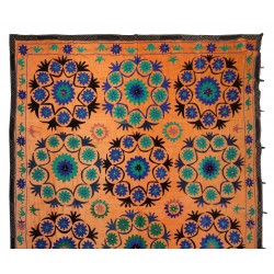 Silk Hand Embroidered Bed Cover, Vintage Suzani Wall Hanging from Uzbekistan. 7.4 x 12 Ft (223 x 363 cm)