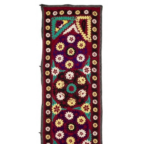 Decorative Silk Hand Embroidered Table Runner, Vintage Suzani Uzbek Wall Hanging. 2 x 14 Ft (60 x 428 cm)