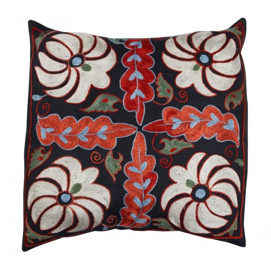 Silk Embroidery Suzani Cushion Cover. Decorative Lace Pillow Cover from Uzbekistan. 16" x 16" (40 x 40 cm)