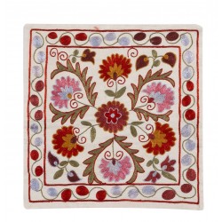 Suzani Silk, Cotton and Linen Cushion Cover, Hand Embroidered Uzbek Suzani Throw Pillow Cover. 16" x 17" (40 x 43 cm)