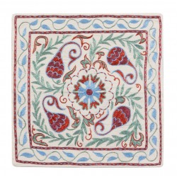 New Hand Embroidered Silk, Cotton and Linen Cushion Cover, 21st-Century Uzbek Suzani Throw Pillow Cover. 16" x 17" (40 x 43 cm)