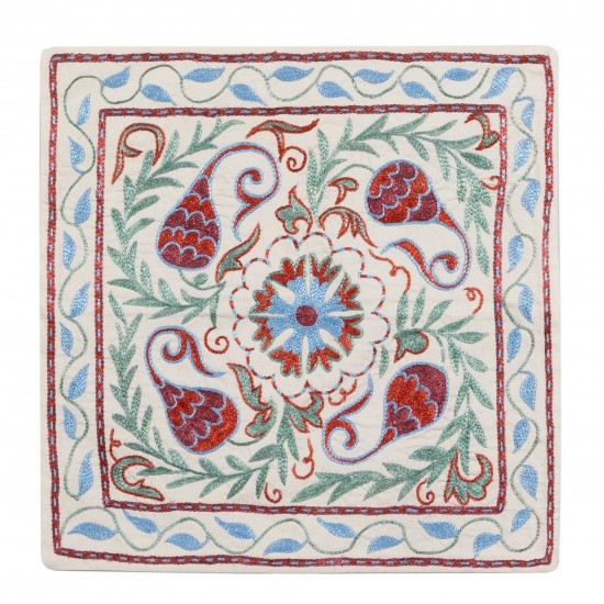 New Hand Embroidered Silk, Cotton and Linen Cushion Cover, 21st-Century Uzbek Suzani Throw Pillow Cover. 16" x 17" (40 x 43 cm)