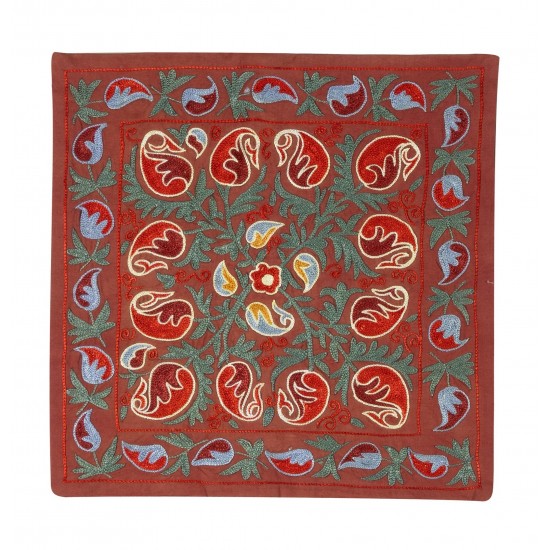 Handmade Central Asian Cushion Cover, Silk Embroidery Suzani Pillow Case. 16" x 18" (40 x 44 cm)