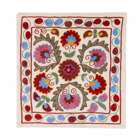 New Traditional Central Asian Silk Hand Embroidered Suzani Cushion Cover. 16" x 18" (40 x 44 cm)