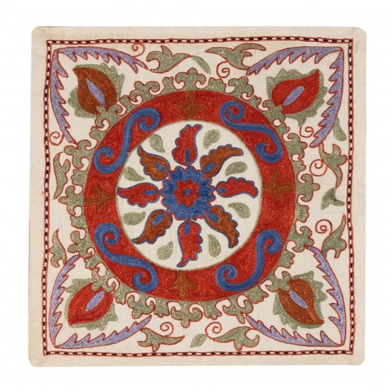 New Hand Embroidered Silk, Cotton and Linen Throw Pillow Cover, 21st-Century Uzbek Suzani Cushion Cover. 17" x 17" (42 x 42 cm)