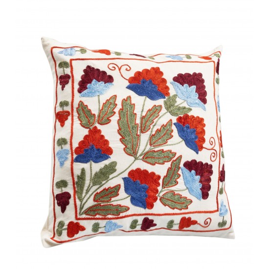 Decorative Handmade Central Asian Suzani Cushion Cover, Silk Embroidery Lace Pillow. 17" x 17" (42 x 42 cm)