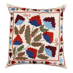 Decorative Handmade Central Asian Suzani Cushion Cover, Silk Embroidery Lace Pillow. 17" x 17" (42 x 42 cm)