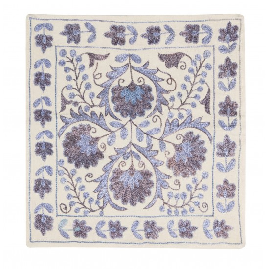 Traditional Silk Silk Embroidery Suzani from Uzbekistan, Handmade Cushion Cover. 17" x 18" (42 x 44 cm)