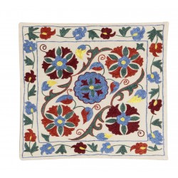 Suzani Silk, Cotton and Linen Cushion Cover, Hand Embroidered Uzbek Suzani Throw Pillow Cover. 17" x 17" (43 x 42 cm)
