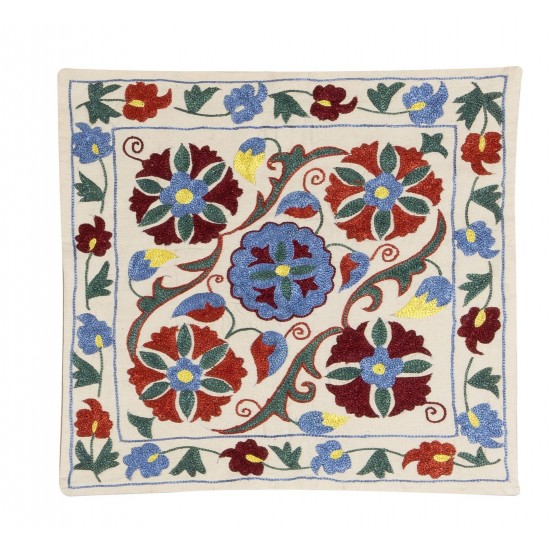 Suzani Silk, Cotton and Linen Cushion Cover, Hand Embroidered Uzbek Suzani Throw Pillow Cover. 17" x 17" (43 x 42 cm)