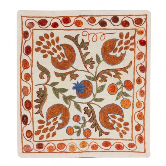 Decorative Handmade Central Asian Suzani Cushion Cover, Silk Embroidery Lace Pillow. 17" x 17" (43 x 43 cm)