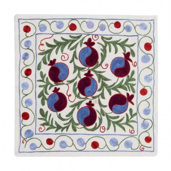 Hand Embroidered Silk, Cotton and Linen Cushion Cover From Uzbekistan. Decorative Suzani Textile. 17" x 17" (43 x 43 cm)