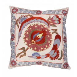 Silk Embroidery Suzani Cushion Cover, Authentic Uzbek Throw Pillow Cover. 17" x 17" (43 x 43 cm)