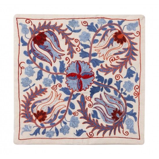 Decorative Silk Embroidered Suzani Cushion Cover from Uzbekistan. 17" x 17" (43 x 43 cm)
