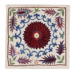 Uzbek Suzani Silk, Cotton and Linen Cushion Cover, Hand Embroidered Uzbek Suzani Throw Pillow Cover. 18" x 17" (44 x 42 cm)
