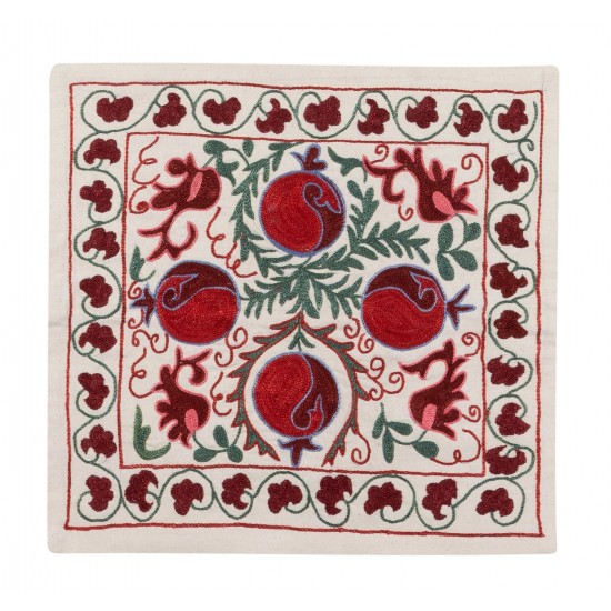 21st-Century Suzani Throw Pillow Cover from Uzbekistan. Hand Embroidered Cotton and Silk Cushion Cover. 18" x 18" (44 x 44 cm)