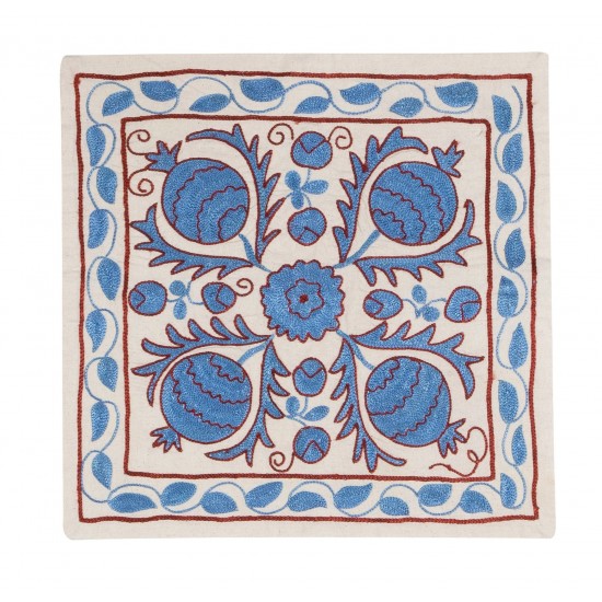 21st Century Hand Embroidered Silk Suzani Cushion Cover from Uzbekistan, Decorative Throw Pillow Cover. 18" x 18" (44 x 44 cm)