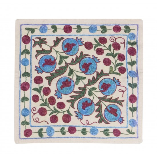 Hand Embroidered Silk, Cotton and Linen Cushion Cover From Uzbekistan. Decorative Suzani Textile. 18" x 18" (44 x 44 cm)
