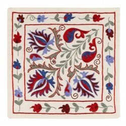 Uzbek Suzani Silk, Cotton and Linen Cushion Cover, Hand Embroidered Uzbek Suzani Throw Pillow Cover. 19" x 19" (46 x 46 cm)
