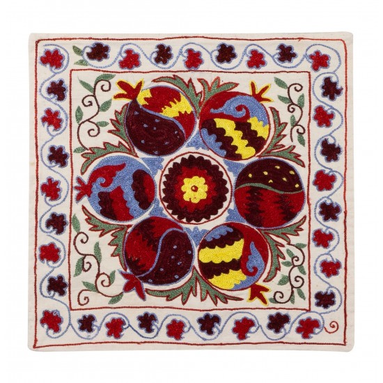 New Hand Embroidered Silk, Cotton and Linen Throw Pillow Cover, 21st-Century Uzbek Suzani Cushion Cover. 19" x 19" (46 x 46 cm)