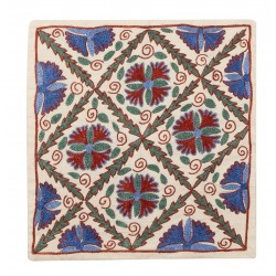 Silk Hand Embroidered Suzani Cushion Cover, Authentic Uzbek Throw Pillow Cover. 19" x 19" (46 x 46 cm)