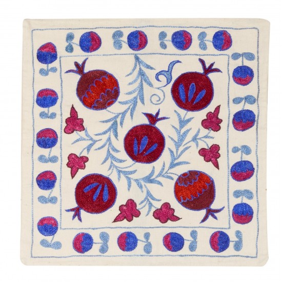 Authentic Hand Embroidered Silk, Cotton and Linen Cushion Cover From Uzbekistan. 19" x 19" (46 x 46 cm)