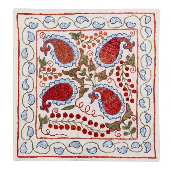 Hand Embroidered Silk, Cotton and Linen Cushion Cover From Uzbekistan. Decorative Suzani Textile. 19" x 19" (46 x 46 cm)