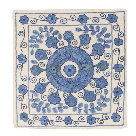 Elegant New Silk Hand Embroidered Suzani Cushion Cover from Uzbekistan. 19" x 19" (46 x 46 cm)