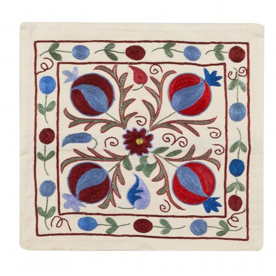 Hand Embroidered Silk, Cotton and Linen Cushion Cover From Uzbekistan. Decorative Suzani Textile. 19" x 19" (46 x 46 cm)