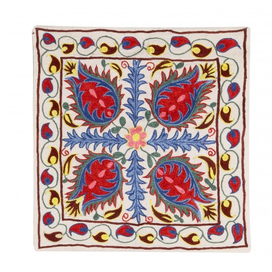 New Uzbek Silk Embroidery Suzani Cushion Cover. Decorative Lace Pillow Cover. 19" x 19" (46 x 46 cm)