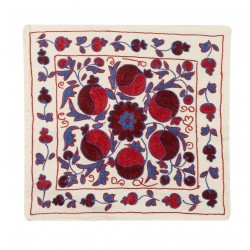 New Hand Embroidered Silk, Cotton and Linen Throw Pillow Cover, 21st-Century Uzbek Suzani Cushion Cover. 19" x 19" (46 x 46 cm)