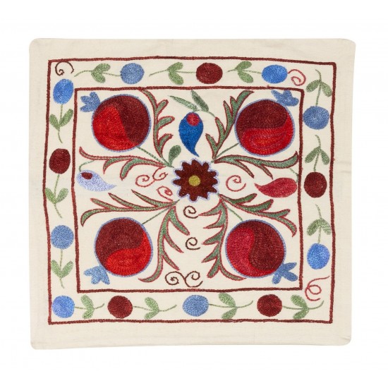 Nice Suzani Throw Pillow Cover from Uzbekistan. Hand Embroidered Cotton and Silk Cushion Cover. 19" x 19" (46 x 46 cm)