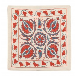 21st Century Hand Embroidered Silk Suzani Cushion Cover from Uzbekistan, Decorative Throw Pillow Cover. 19" x 19" (46 x 46 cm)