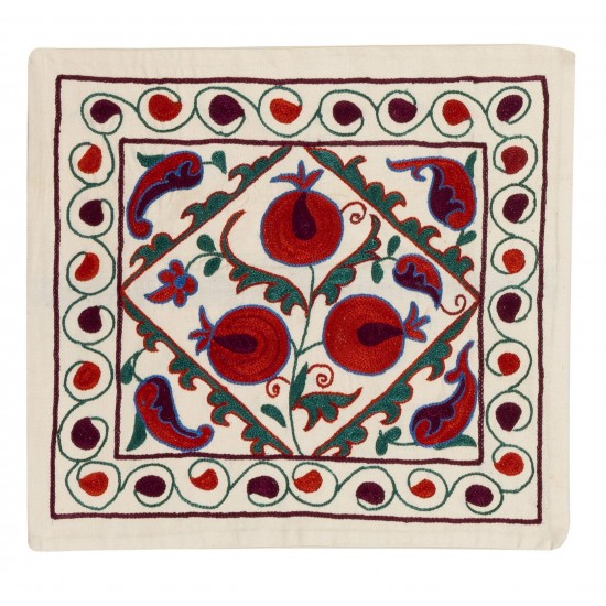 Suzani Silk, Cotton and Linen Cushion Cover, Hand Embroidered Uzbek Suzani Throw Pillow Cover. 19" x 19" (46 x 46 cm)